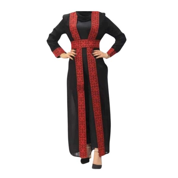 Palestinian Embroidered Open Abaya Black And Red Amazing Bisht See Through