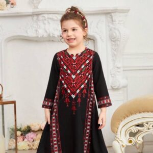 Printed Tatreez Palestinian Thawb black and red and white for girls 5 years