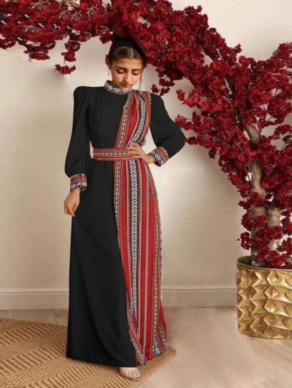 Tatreez Teen Girl Long Flowing Dress, Stand Collar, cuff Sleeves with Fallahi Print and Waist Belt +-10 years old.