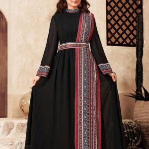 Tatreez Teen Girl Long Flowing Dress, Stand Collar, Flare Sleeves with Fallahi Print and Waist Belt +-16 years old.