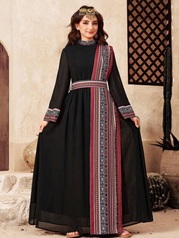 Tatreez Teen Girl Long Flowing Dress, Stand Collar, Flare Sleeves with Fallahi Print and Waist Belt +-16 years old.